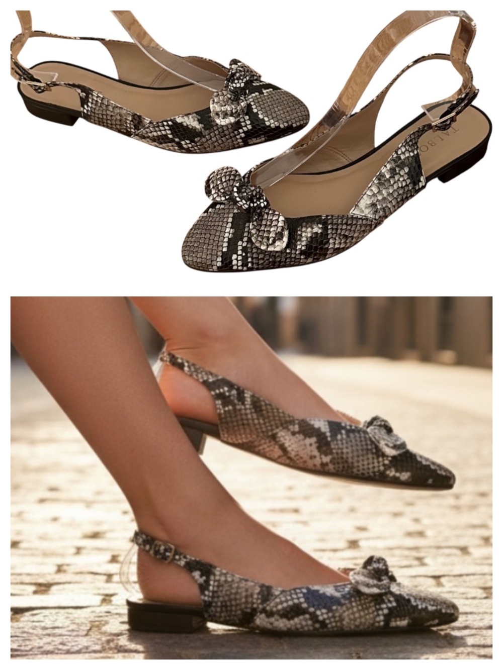Talbots Slingback Ballet Flats Shoes Sz 7.5 Snakeskin Animal Print Black Silver